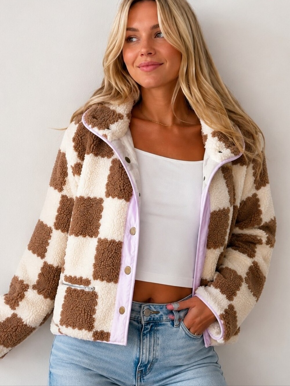 Gilipur Women’s Brown Cream Checkered Sherpa Fleece Jacket Teddy Coat Y2K